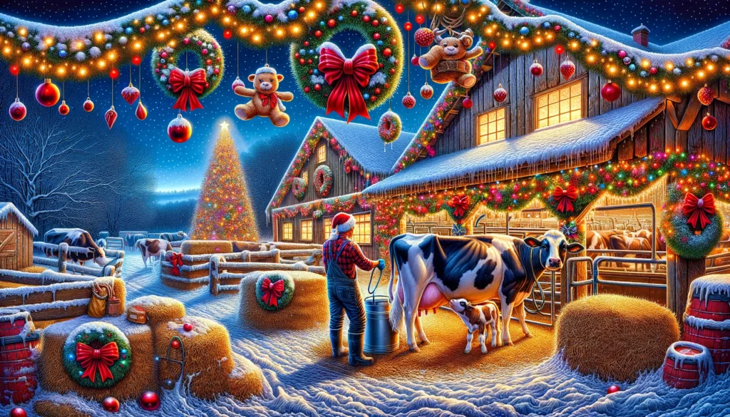 Christmas Dairy - A vivid and detailed wide illustration of a festive dairy scene during Christmas. The image shows a dairy farm decorated with Christmas lights and gar (2)