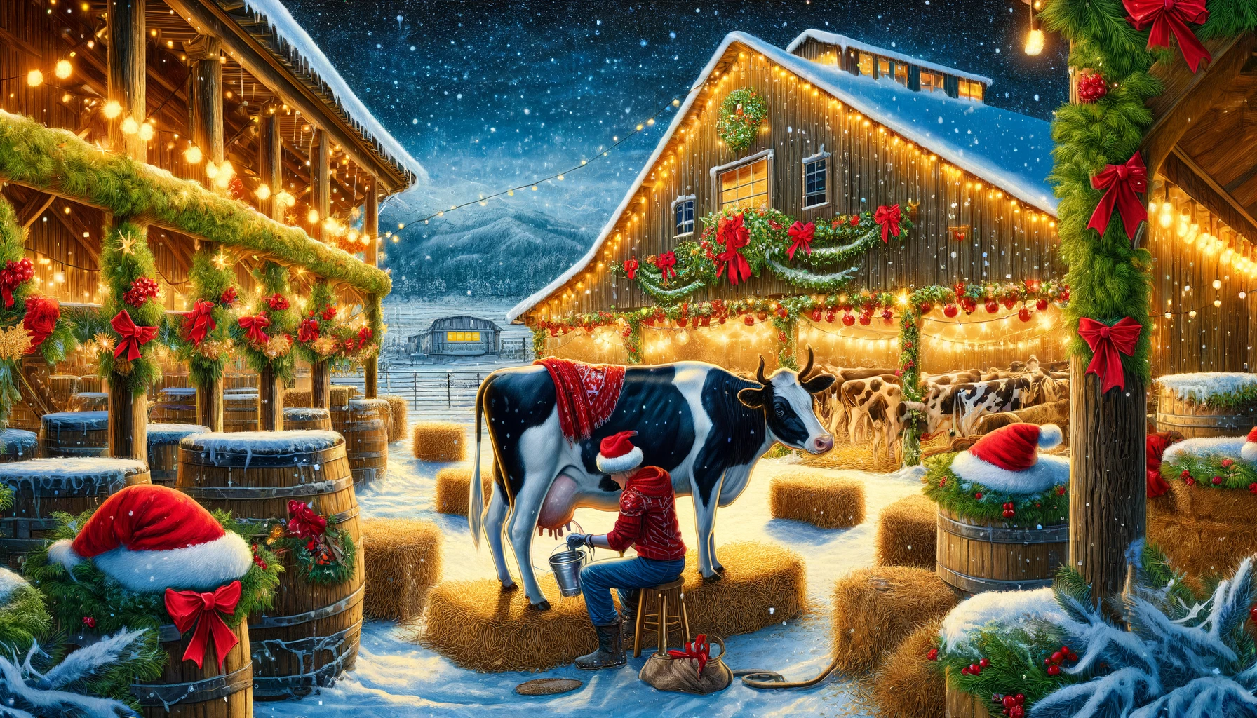 Christmas Dairy - A vivid and detailed wide illustration of a festive dairy scene during Christmas. The image shows a dairy farm decorated with Christmas lights and gar (2)